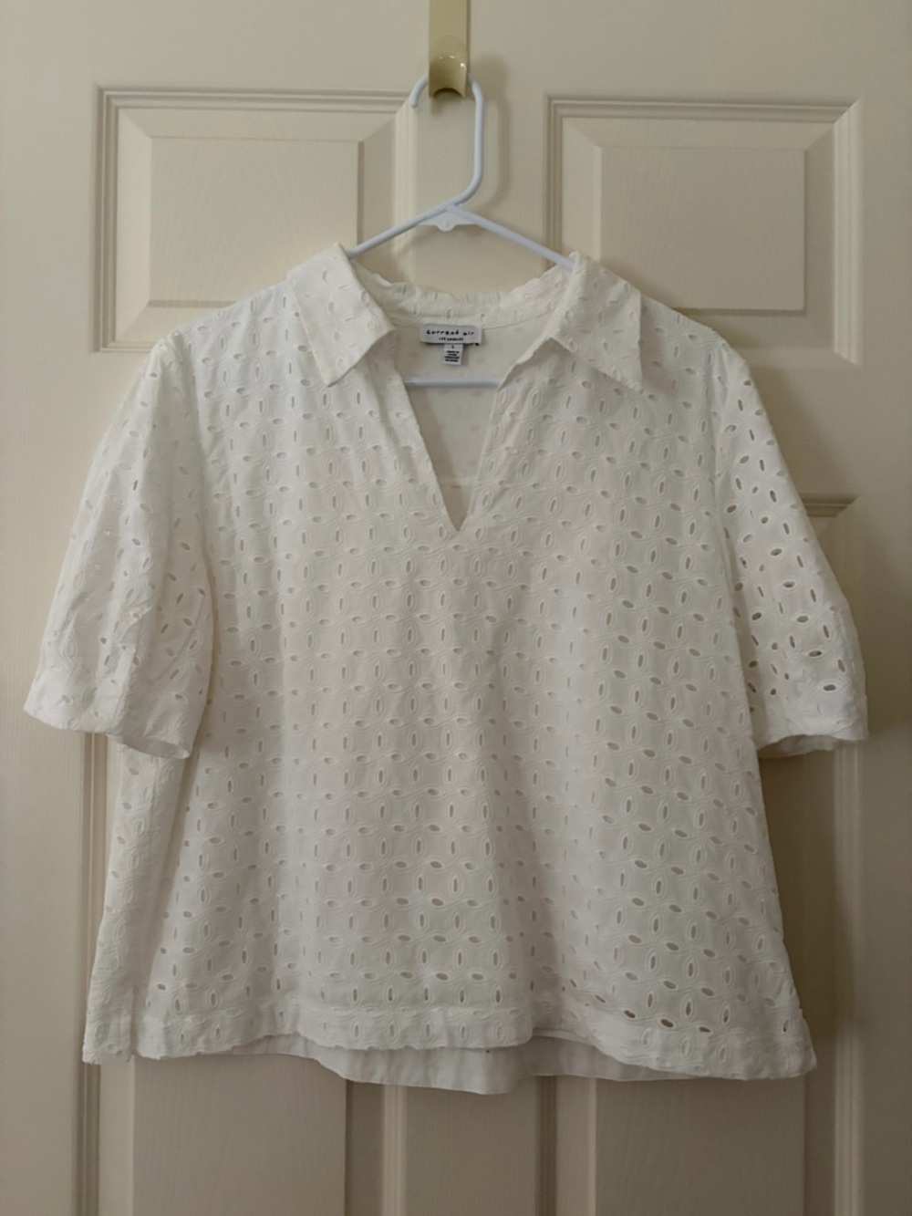 Current Air White Eyelet Popover Collared Short Sleeve Top